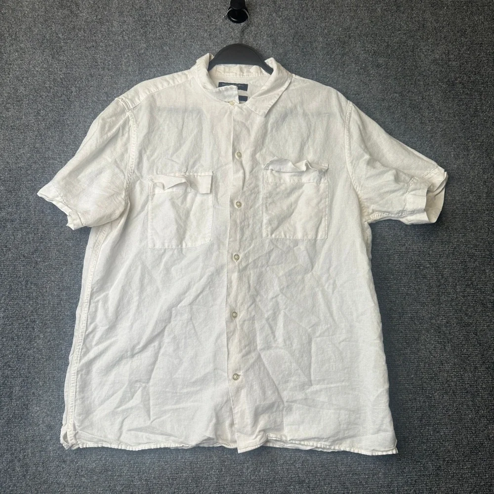 Banana Republic Shirt Mens Large White Linen Cotton Slim Fit Short Sleeve